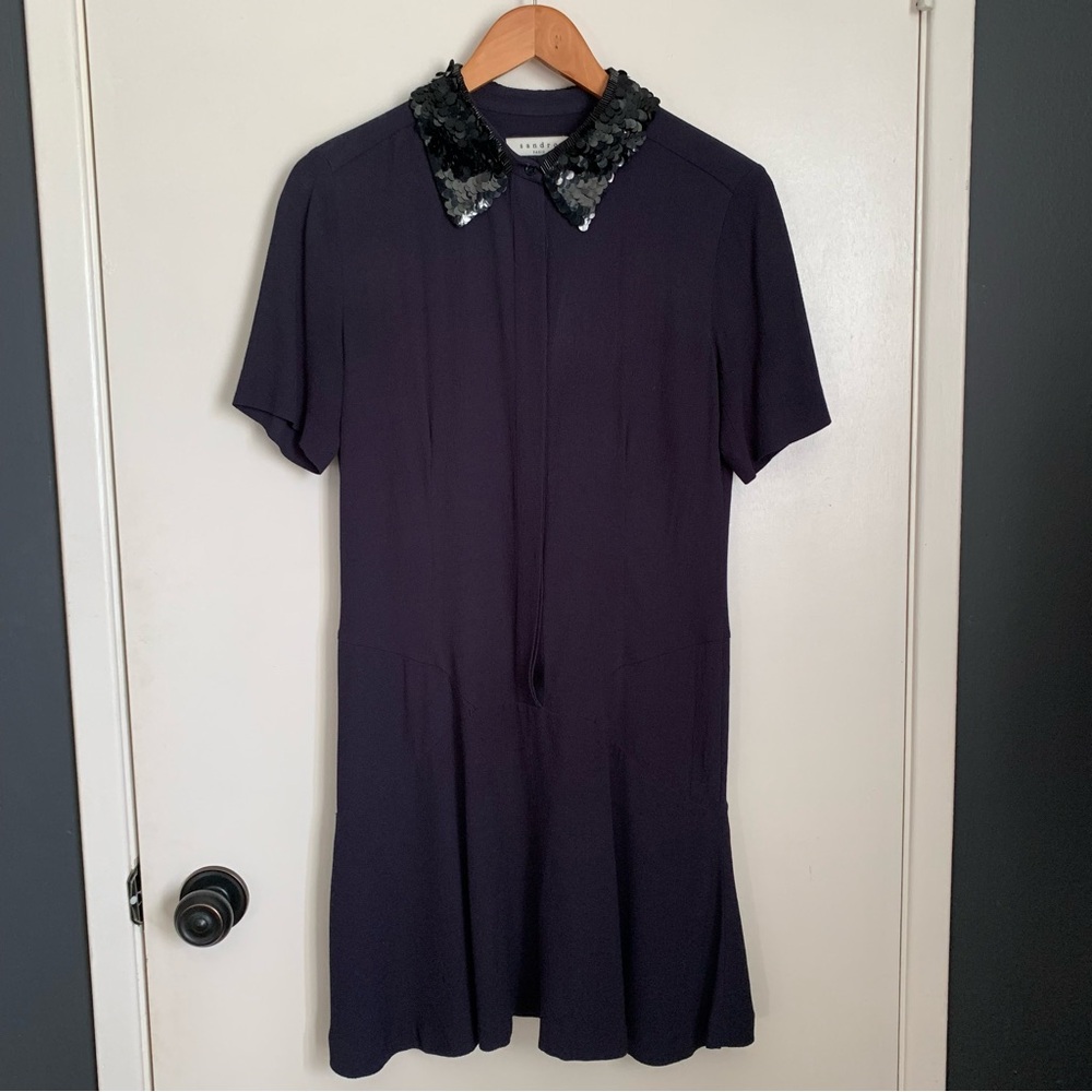 Sandro Paris Cocktail Dress Navy Blue Size 2 Small Sequin Collar
